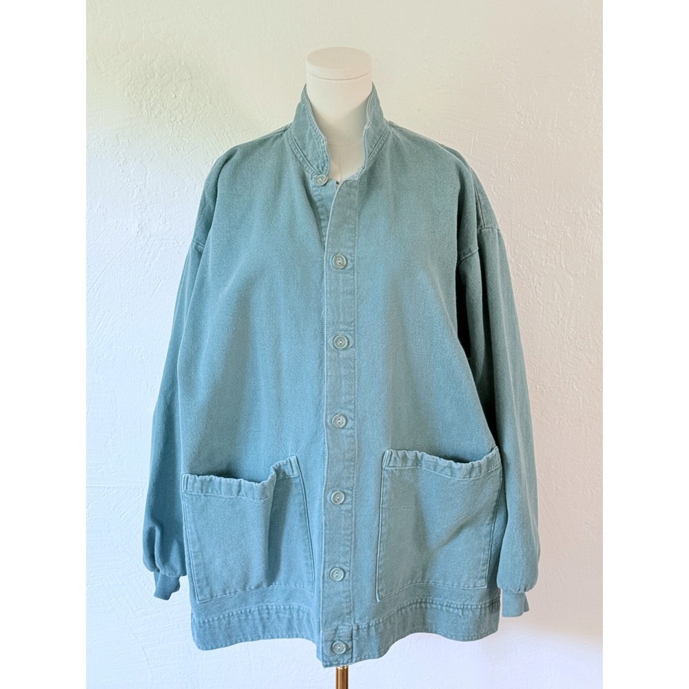 Vintage Oversized Denim Jacket Button Front Chore Coat Size L/XL Pockets Blue